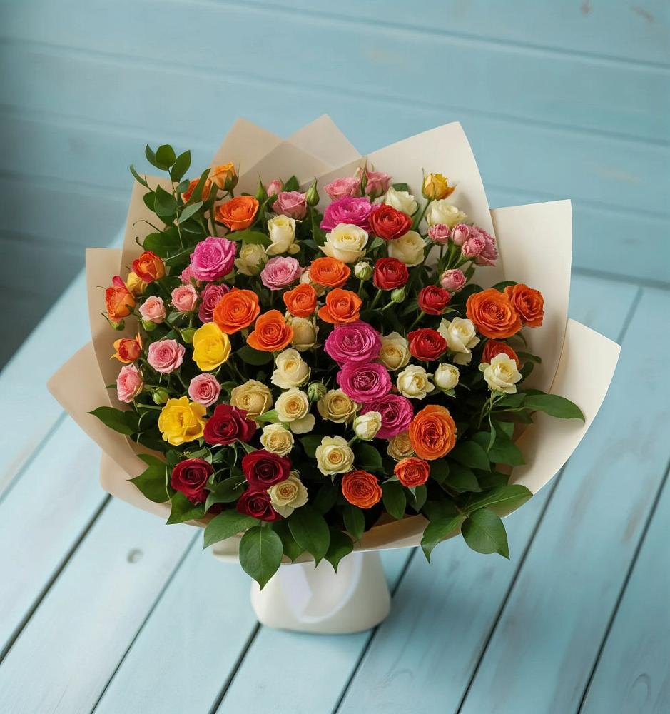Букет Микс из разноцветных кустовых роз в Кумыше